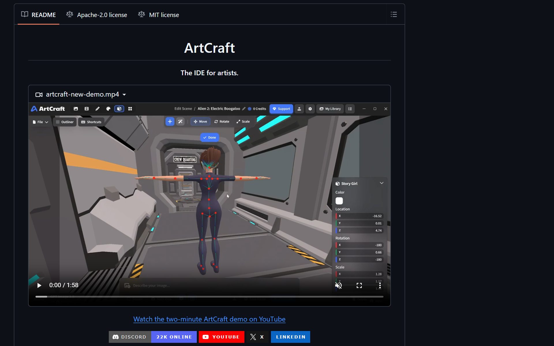 ArtCraft 저장소 README · 3D 공간에 인물을 세우고 자세를 잡는 화면 ("The IDE for artists")
