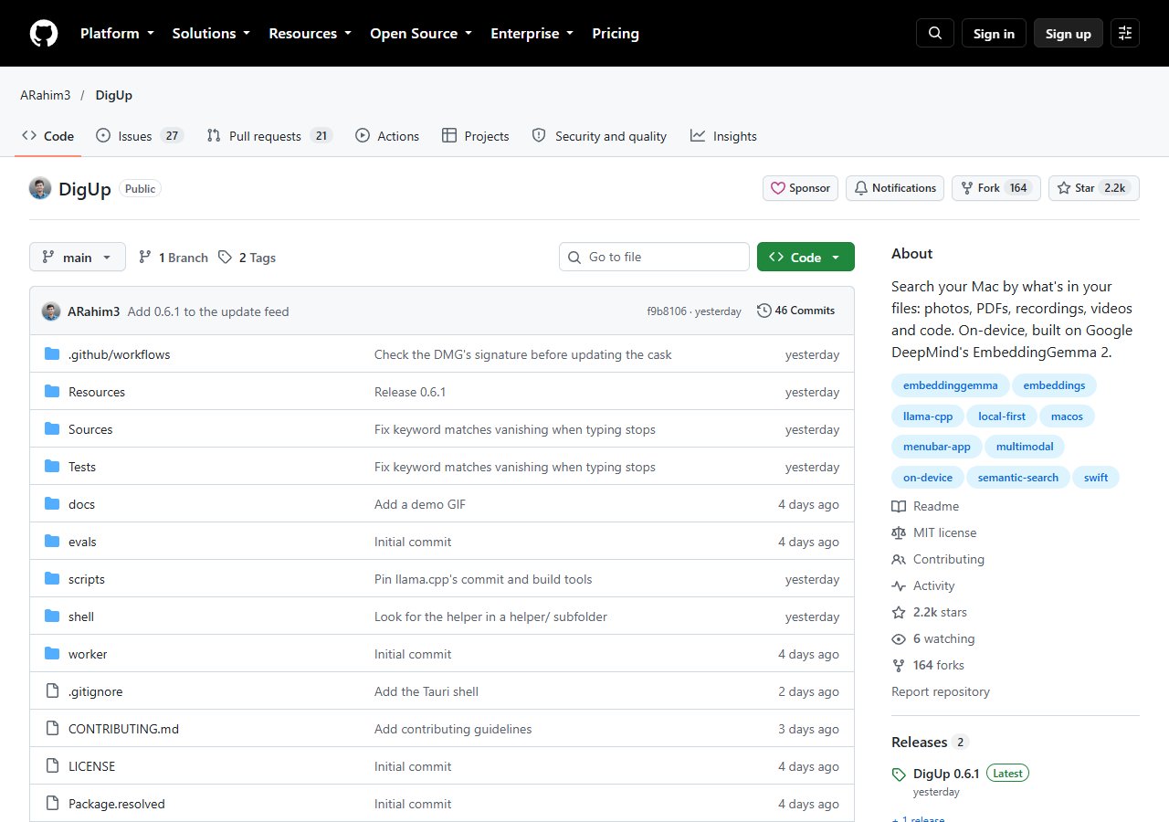 GitHub ARahim3/DigUp · 스타 2.2k, MIT 라이선스 (10월 14일 02시 갈무리)