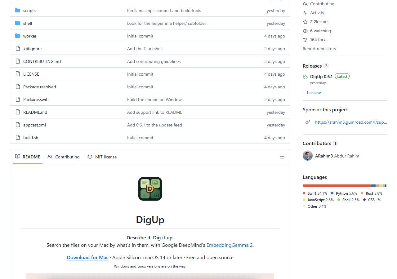 README 상단 · EmbeddingGemma 2 기반, 로컬 전용 의미 검색 설명