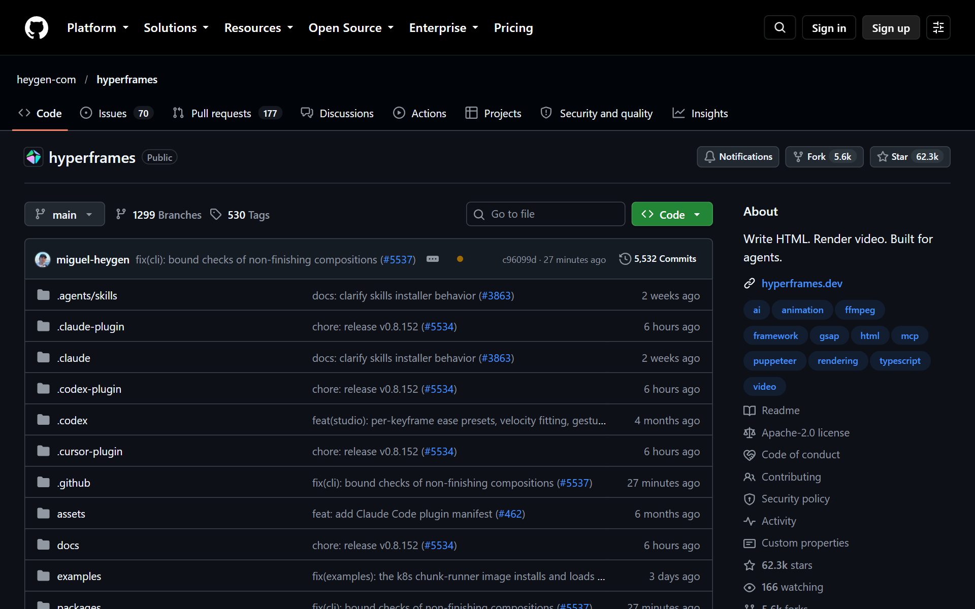 깃허브 저장소 첫 화면 · "Write HTML. Render video. Built for agents." 별 62.3k (10월 13일 밤 갈무리)