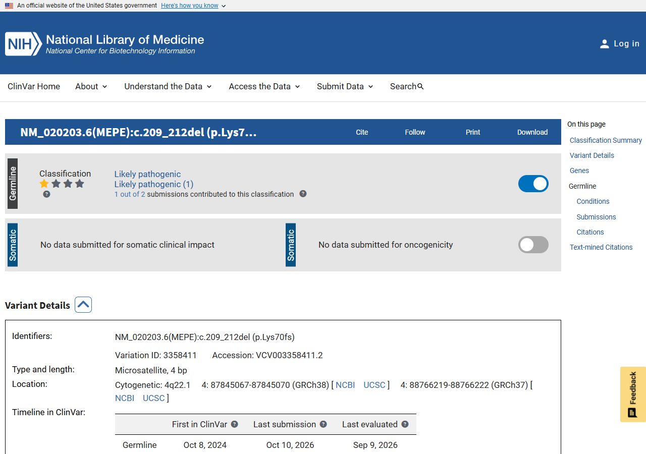 ClinVar · MEPE c.209_212del (VCV003358411.2) 기록