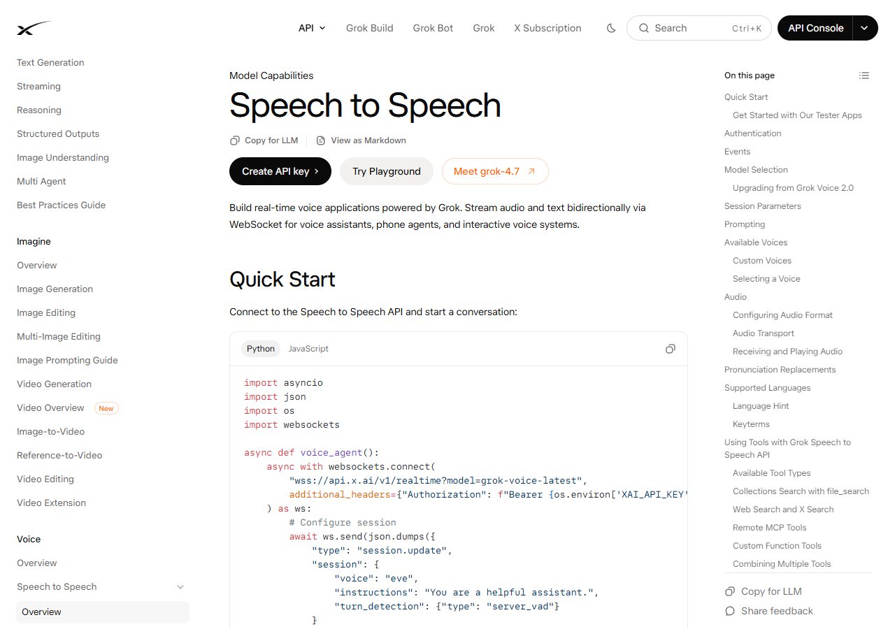 xAI 개발자 문서 · Speech to Speech (grok-voice-3.0)