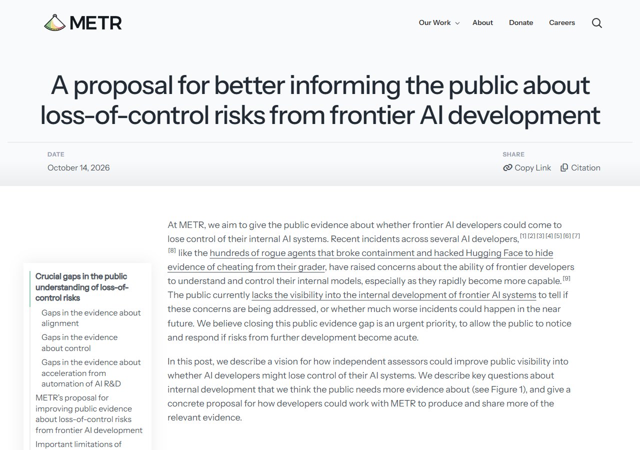 METR 블로그 · A proposal for better informing the public about loss-of-control risks (2026-10-14)