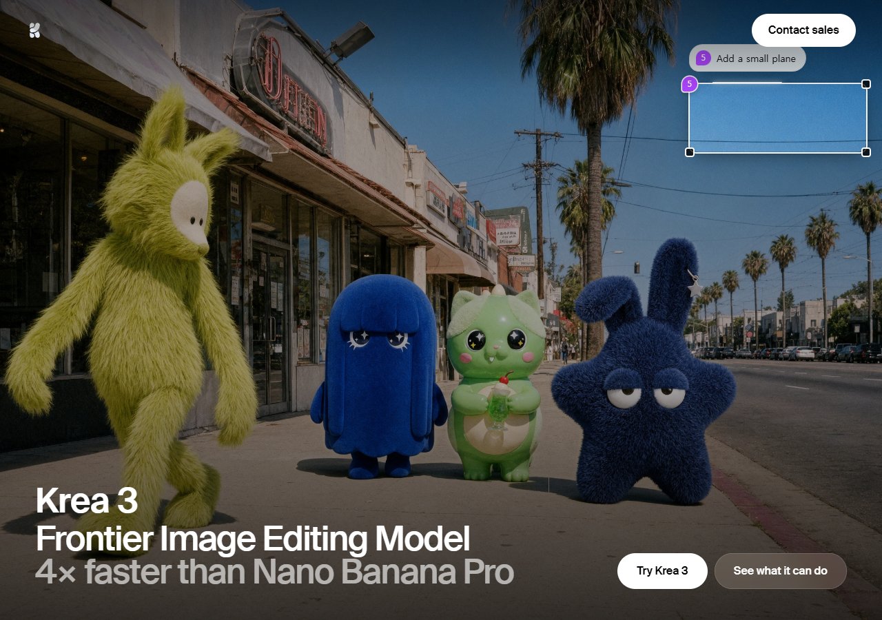 Krea 3 공식 제품 페이지 — 'Frontier Image Editing Model, 4x faster than Nano Banana Pro'.