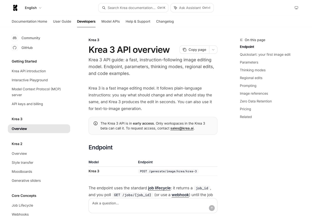 Krea 3 API 문서 — 엔드포인트, 가격, 기능 설명.