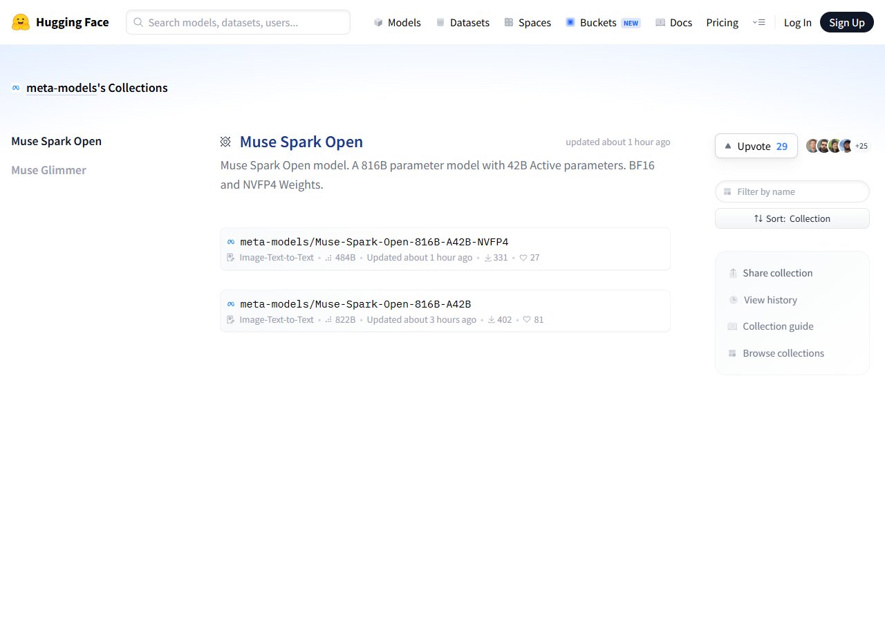 Hugging Face — Muse Spark Open 컬렉션. BF16(822B)과 NVFP4(484B) 두 가중치가 올라 있어요.
