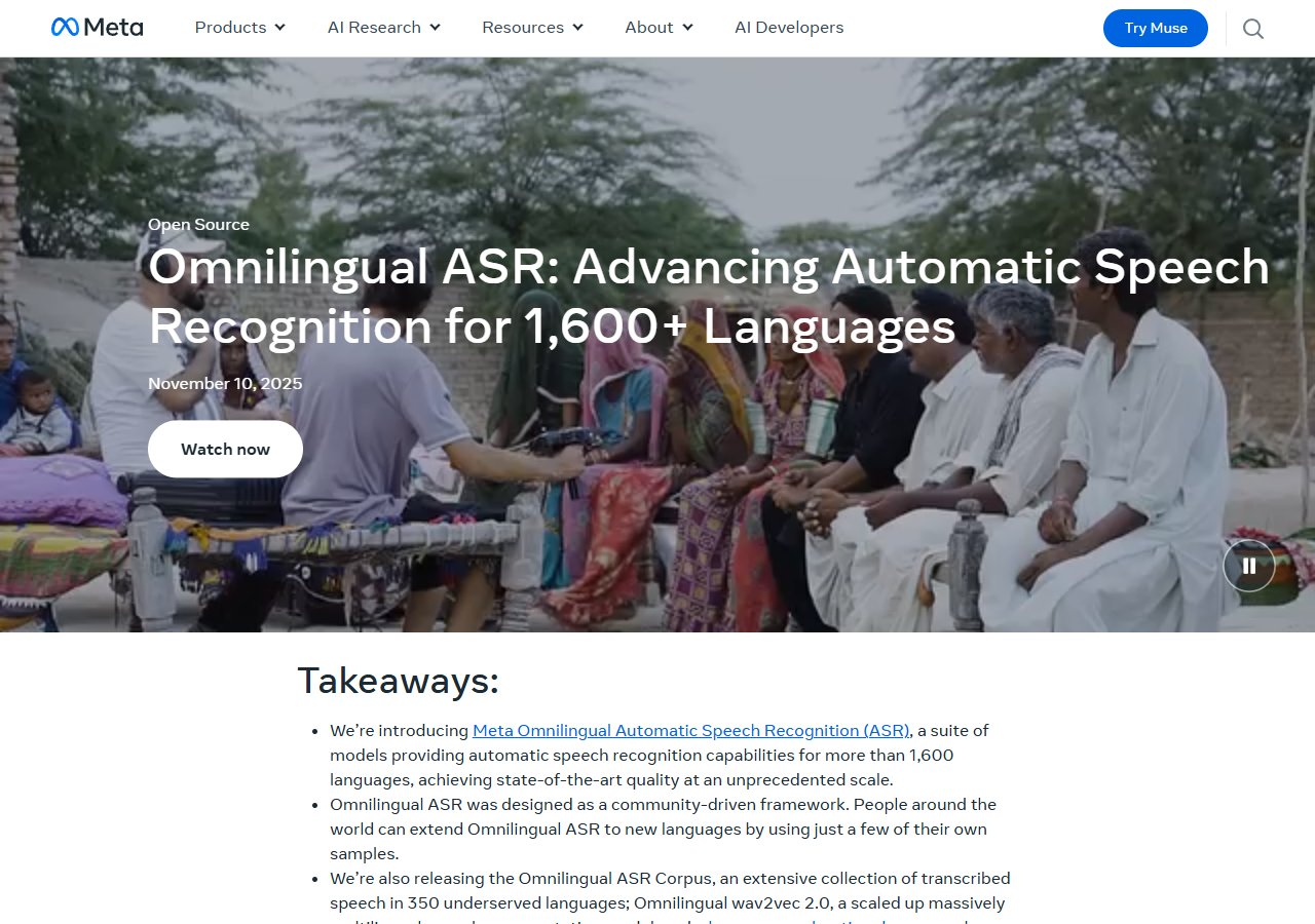 Meta AI 공식 블로그 — Omnilingual ASR: Advancing Automatic Speech Recognition for 1,600+ Languages