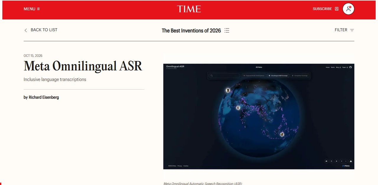 TIME Best Inventions of 2026 — Meta Omnilingual ASR 선정 페이지