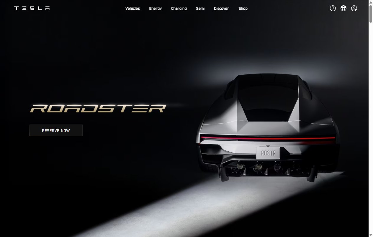 테슬라 공식 Roadster 페이지 첫 화면
