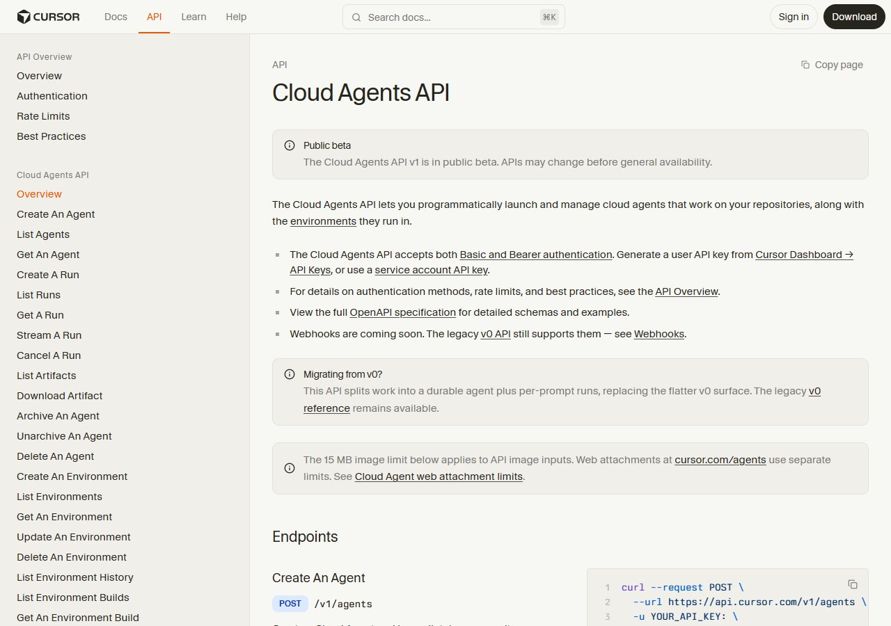 Cursor Docs — Cloud Agents API 엔드포인트