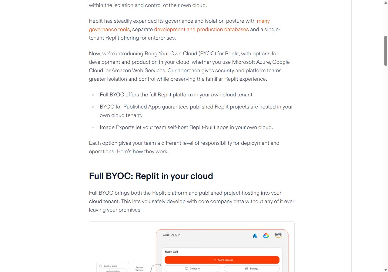 Replit 공식 블로그 — BYOC 세 가지 옵션 설명과 Full BYOC 소개