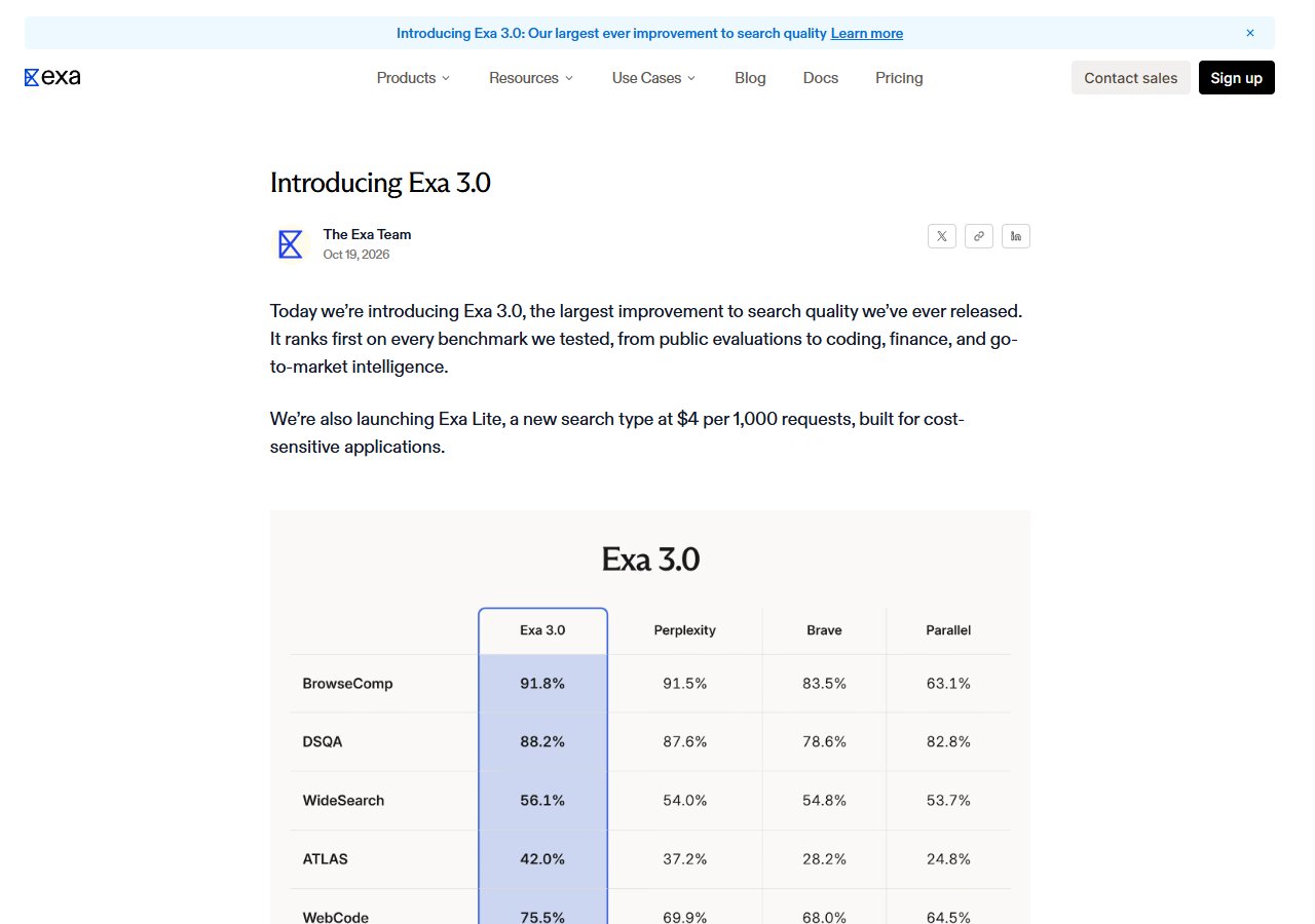 Exa 공식 블로그 · Introducing Exa 3.0 (10월 19일)