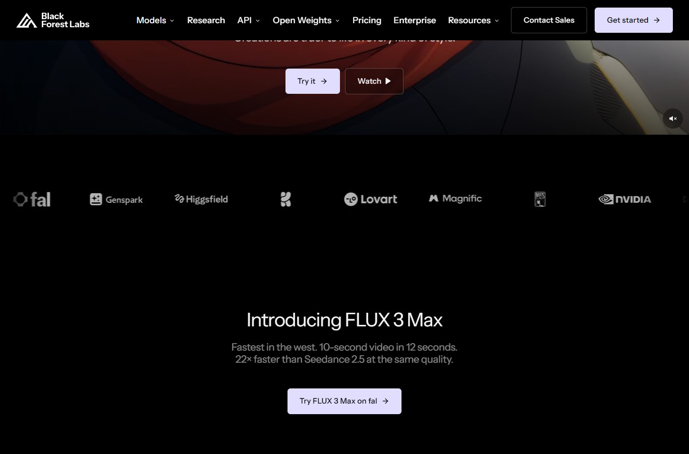 BFL FLUX 3 Video 페이지의 'Introducing FLUX 3 Max' — "10-second video in 12 seconds. 22× faster than Seedance 2.5 at the same quality."
