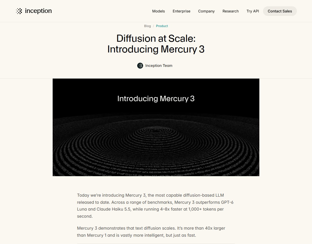 Inception 공식 블로그 · Diffusion at Scale: Introducing Mercury 3 (2026-10-19)