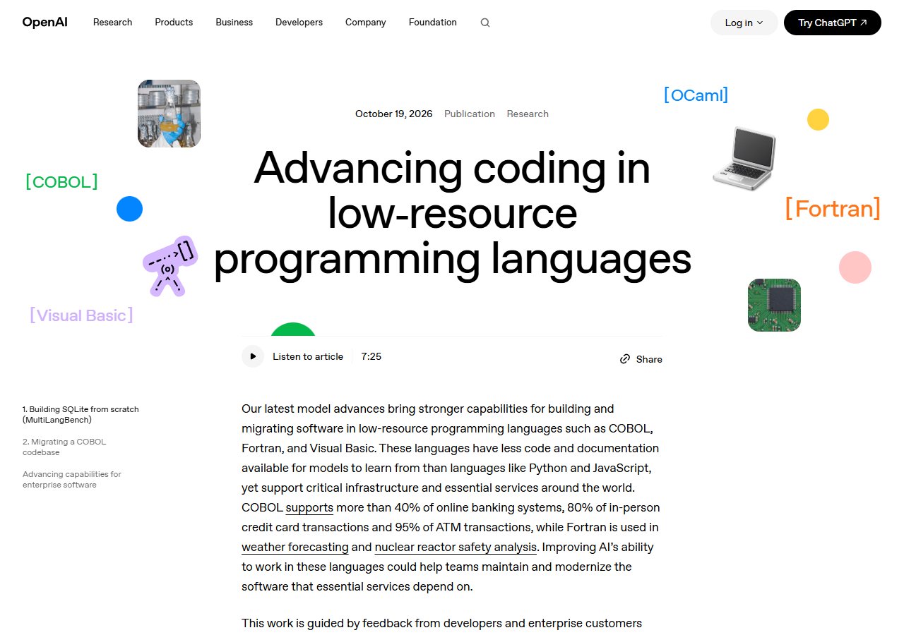 OpenAI 연구 글 · Advancing coding in low-resource programming languages (2026-10-19)