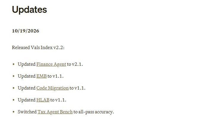 10/19/2026 업데이트 목록 — Finance Agent v2.1 · EMB v1.1 · Code Migration v1.1 · HLAB v1.1 · Tax Agent Bench all-pass