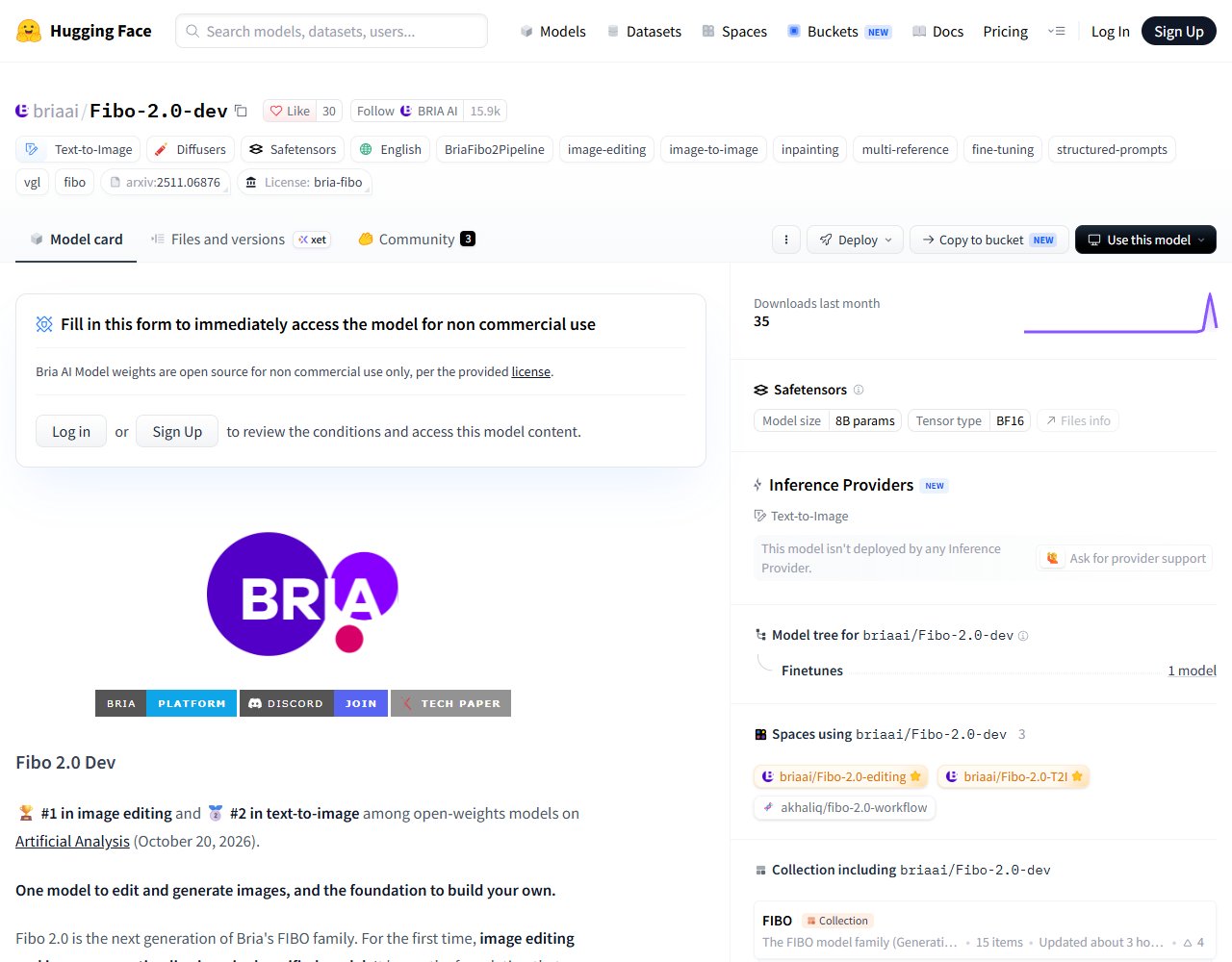 Hugging Face 'briaai/Fibo-2.0-dev' 모델 카드 — 오픈 웨이트 편집 1위 · 텍스트→이미지 2위 (2026년 10월 20일 기준), 8B