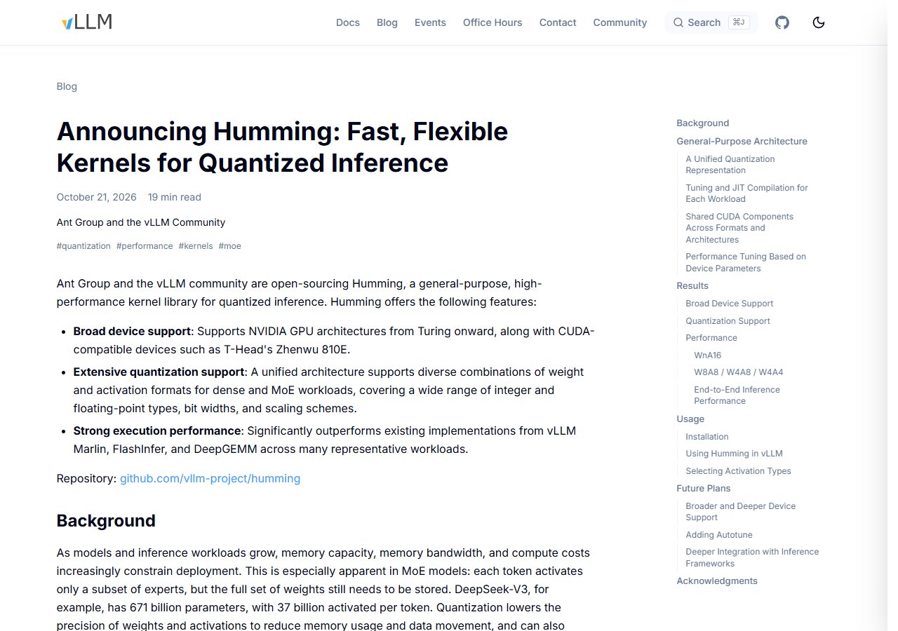 vLLM 블로그 'Announcing Humming' — Ant Group and the vLLM Community, 2026년 10월 21일