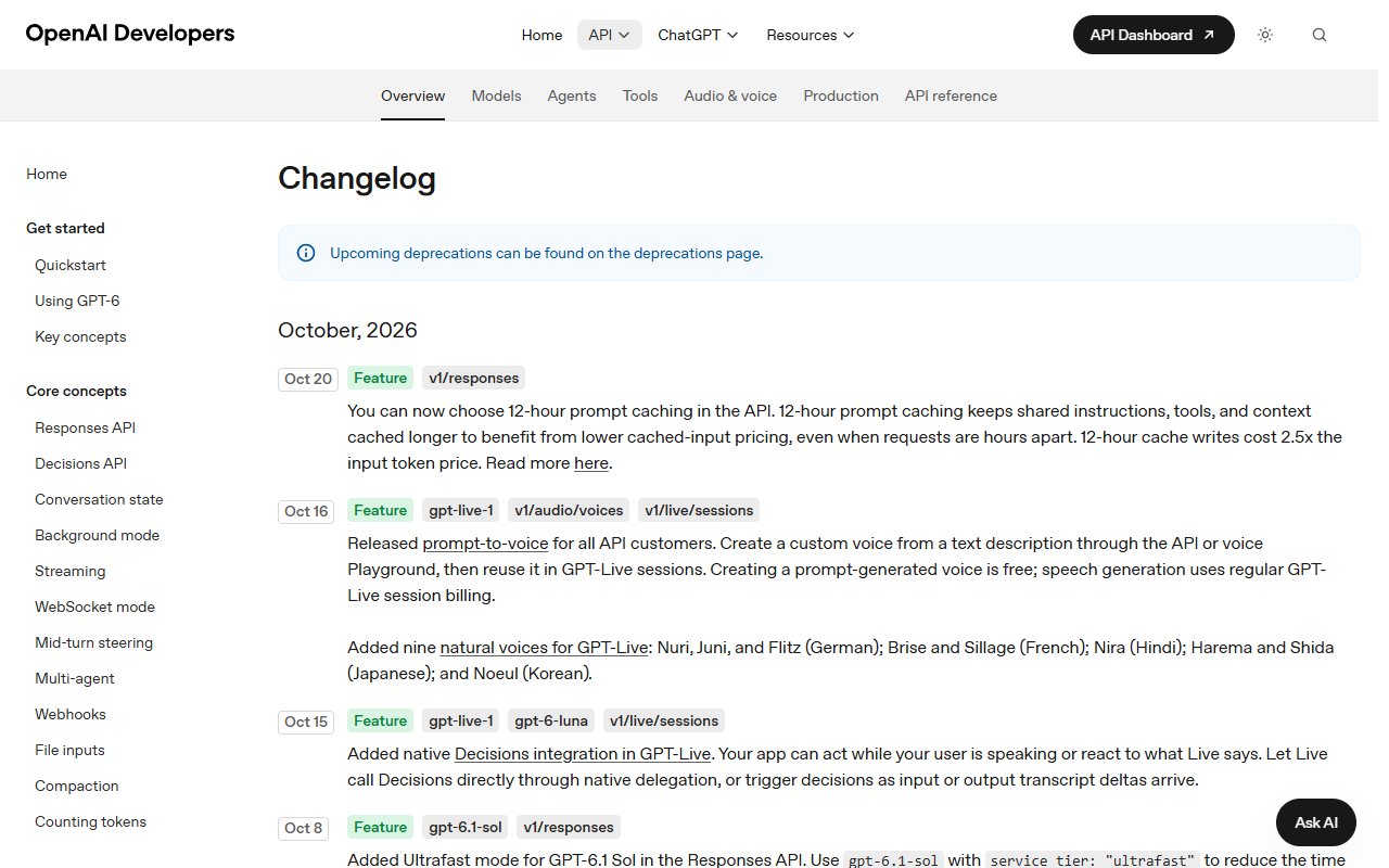 OpenAI API 변경 기록 — 10월 20일 '12-hour prompt caching' (쓰기는 입력 단가의 2.5배)