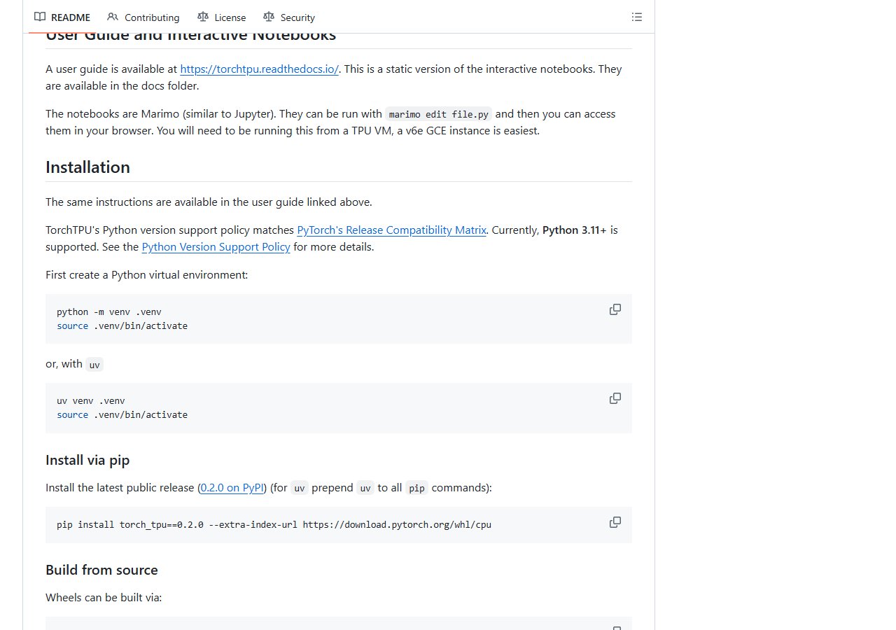 GitHub README 설치 안내 — Python 3.11+, pip install torch_tpu==0.2.0