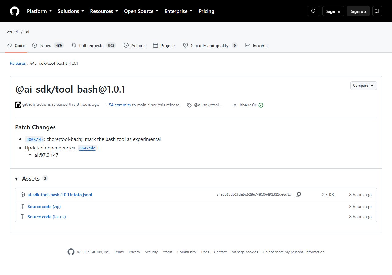 GitHub 릴리스 @ai-sdk/tool-bash@1.0.1 — 'mark the bash tool as experimental'