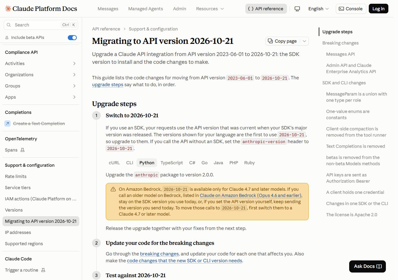 Claude Platform Docs 'Migrating to API version 2026-10-21' — 2023-06-01에서 2026-10-21로 옮기는 순서