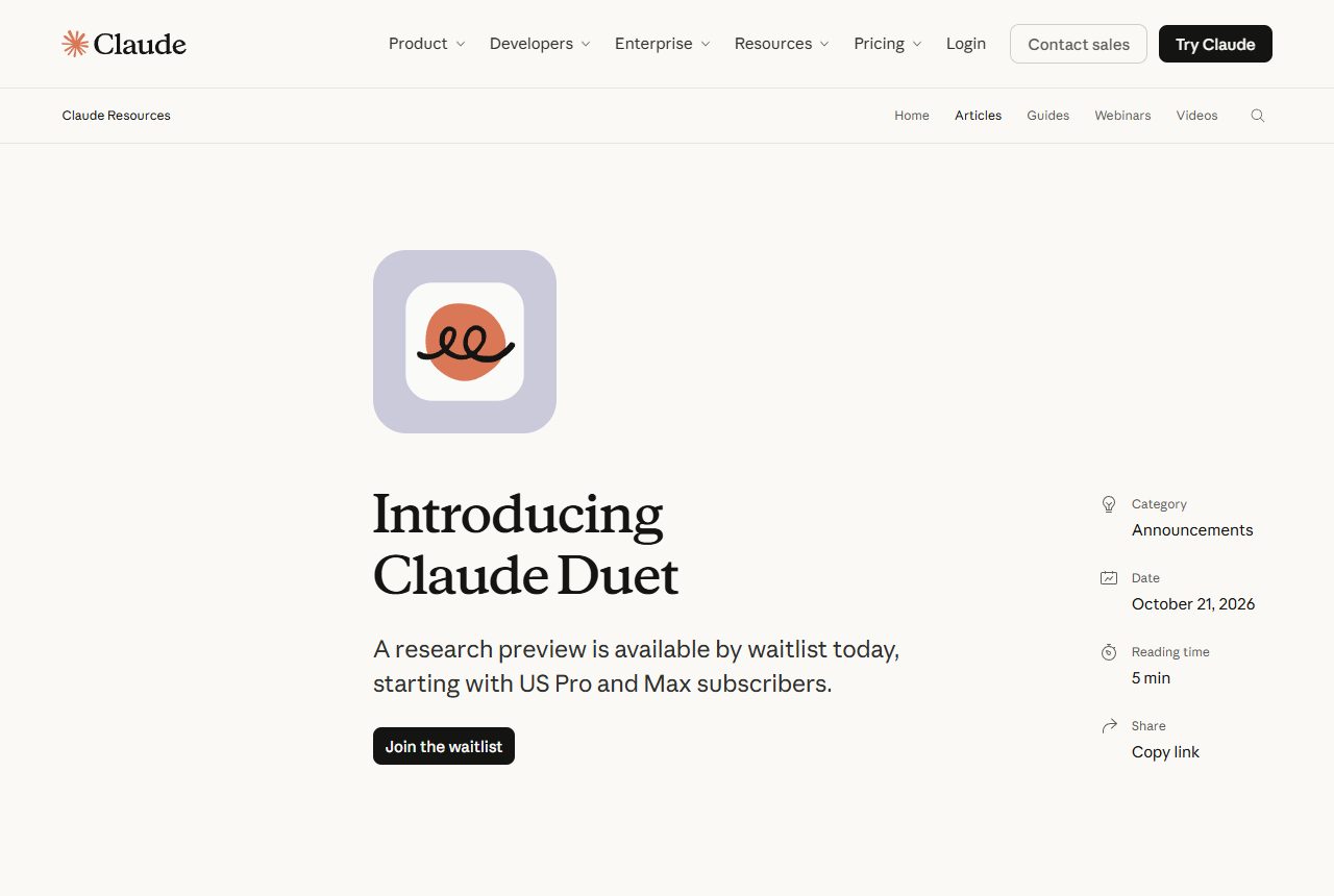 Claude 리소스 글 'Introducing Claude Duet' 첫 화면 — 대기 명단으로 미국 Pro · Max 구독자부터 (2026년 10월 21일)