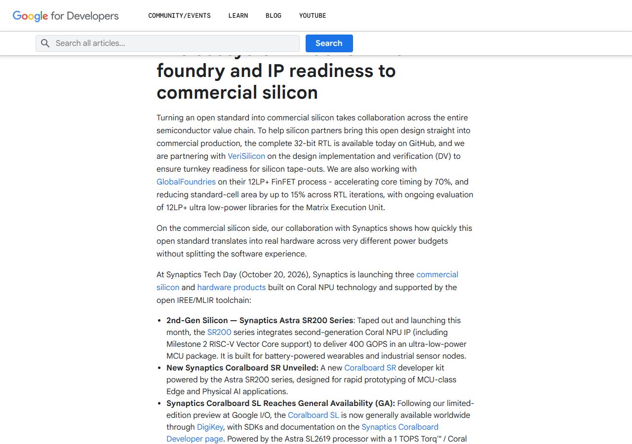 구글 개발자 블로그 — GlobalFoundries 12LP+ 타이밍 70% · 면적 최대 15%, Synaptics 칩 · 보드 3종