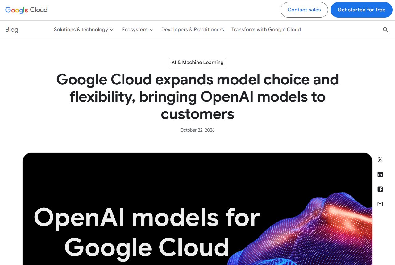 Google Cloud 블로그 'Google Cloud expands model choice and flexibility, bringing OpenAI models to customers' 첫 화면 (2026년 10월 22일)