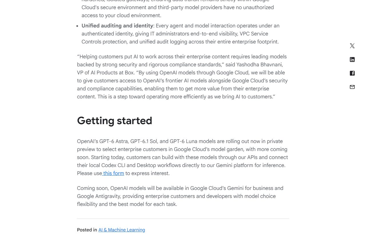 Getting started — GPT-6 Astra · GPT-6.1 Sol · GPT-6 Luna 비공개 미리보기, Codex CLI · Desktop 연결, Gemini for business · Antigravity '곧'