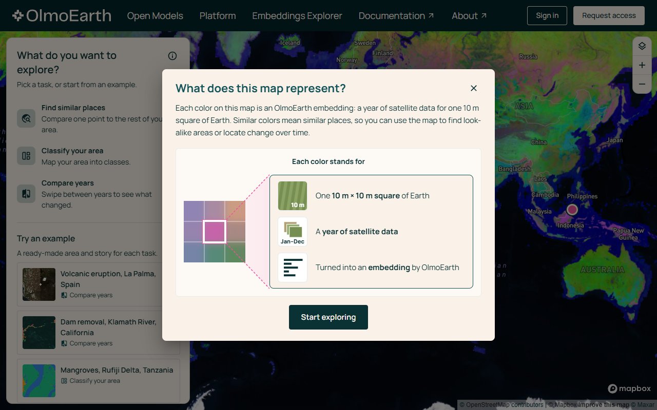 OlmoEarth Embeddings Explorer 첫 화면 — 색 하나 = 10m×10m 한 칸의 1년치 위성 자료 · 왼쪽에 비슷한 곳 찾기 · 분류 · 연도 비교