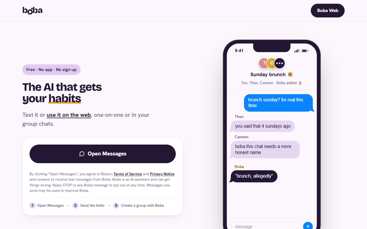 Boba 공식 사이트 — 'Free · No app · No sign-up', 단톡방 예시