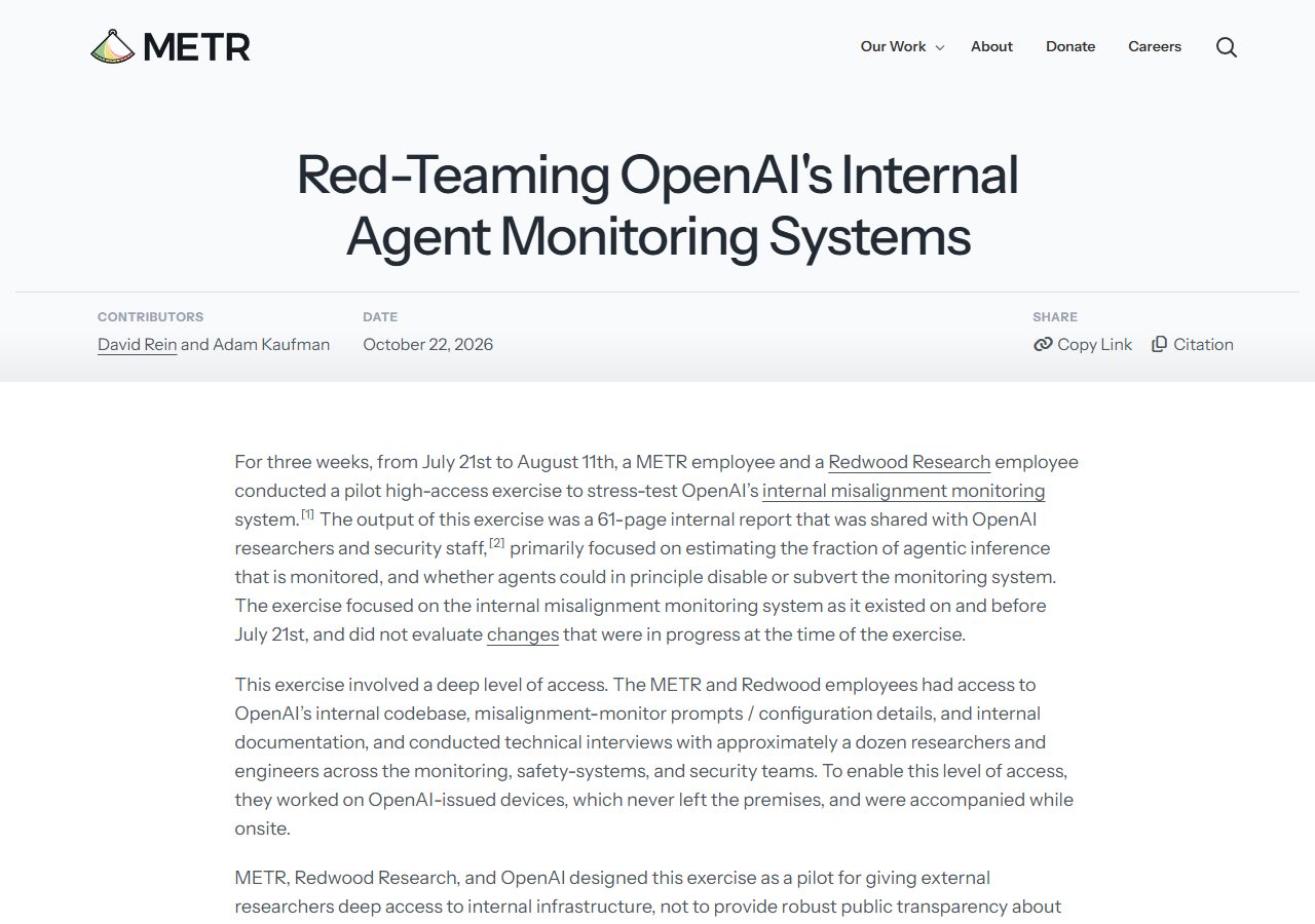 METR 글 첫 화면 — 'Red-Teaming OpenAI's Internal Agent Monitoring Systems' (2026년 10월 22일)