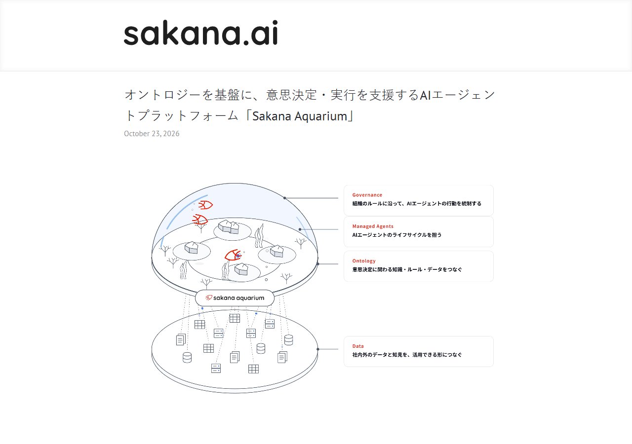 Sakana AI 공식 블로그 — 10월 23일 「Sakana Aquarium」 발표 글과 구성도(Governance · Managed Agents · Ontology · Data)