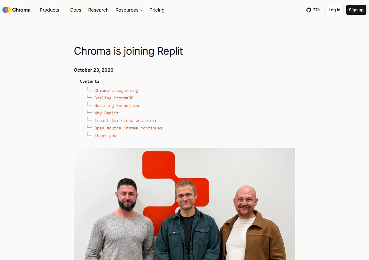 Chroma 블로그 — Chroma is joining Replit(2026년 10월 23일)