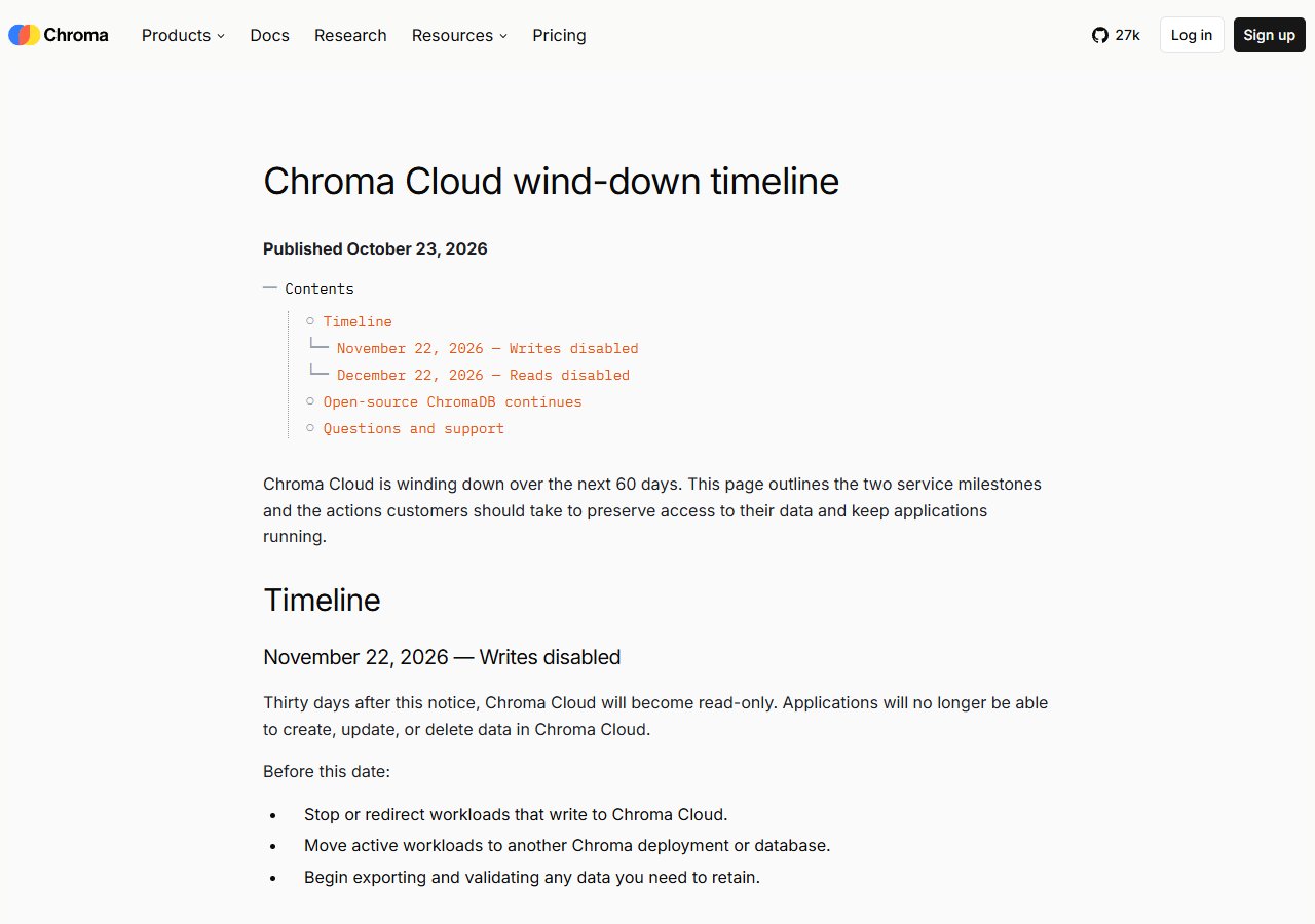 Chroma Cloud wind-down timeline — 11월 22일 쓰기 중단 · 12월 22일 읽기 중단