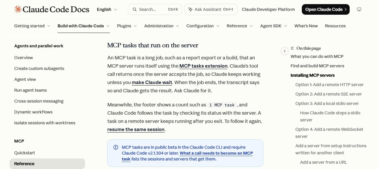 Claude Code 문서 — 'MCP tasks that run on the server' · 공개 베타 · v2.1.304 이상 필요