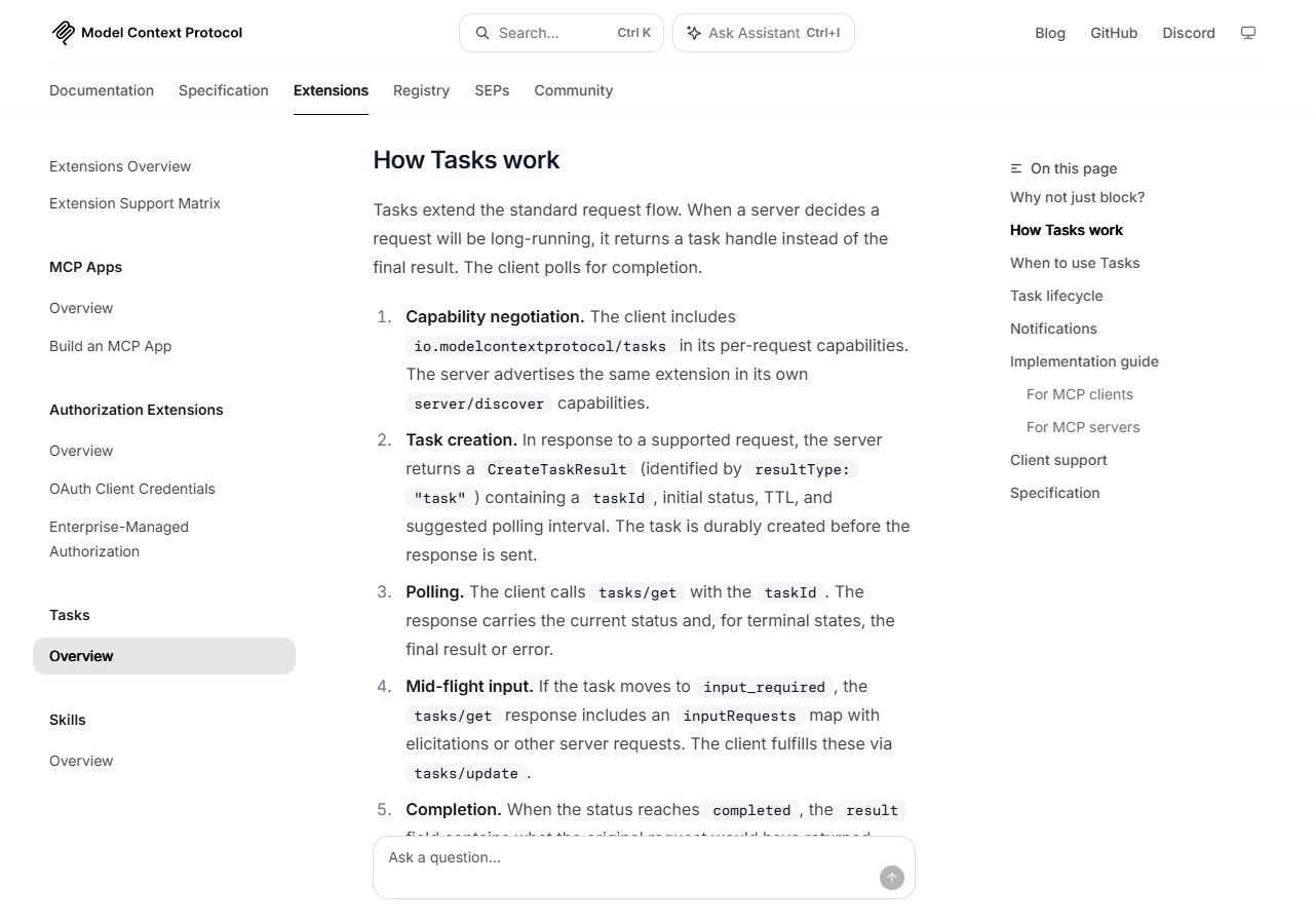 MCP Tasks 안내 — 서버가 작업 번호를 돌려주고 클라이언트가 tasks/get으로 상태를 묻는 흐름