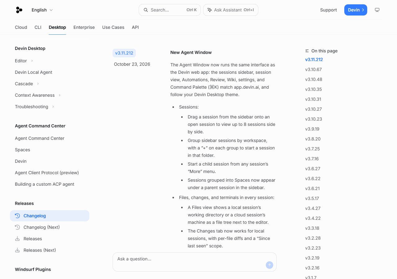 Devin Desktop 변경 기록 — v3.11.212(10월 23일) New Agent Window · 세션 최대 8개 나란히