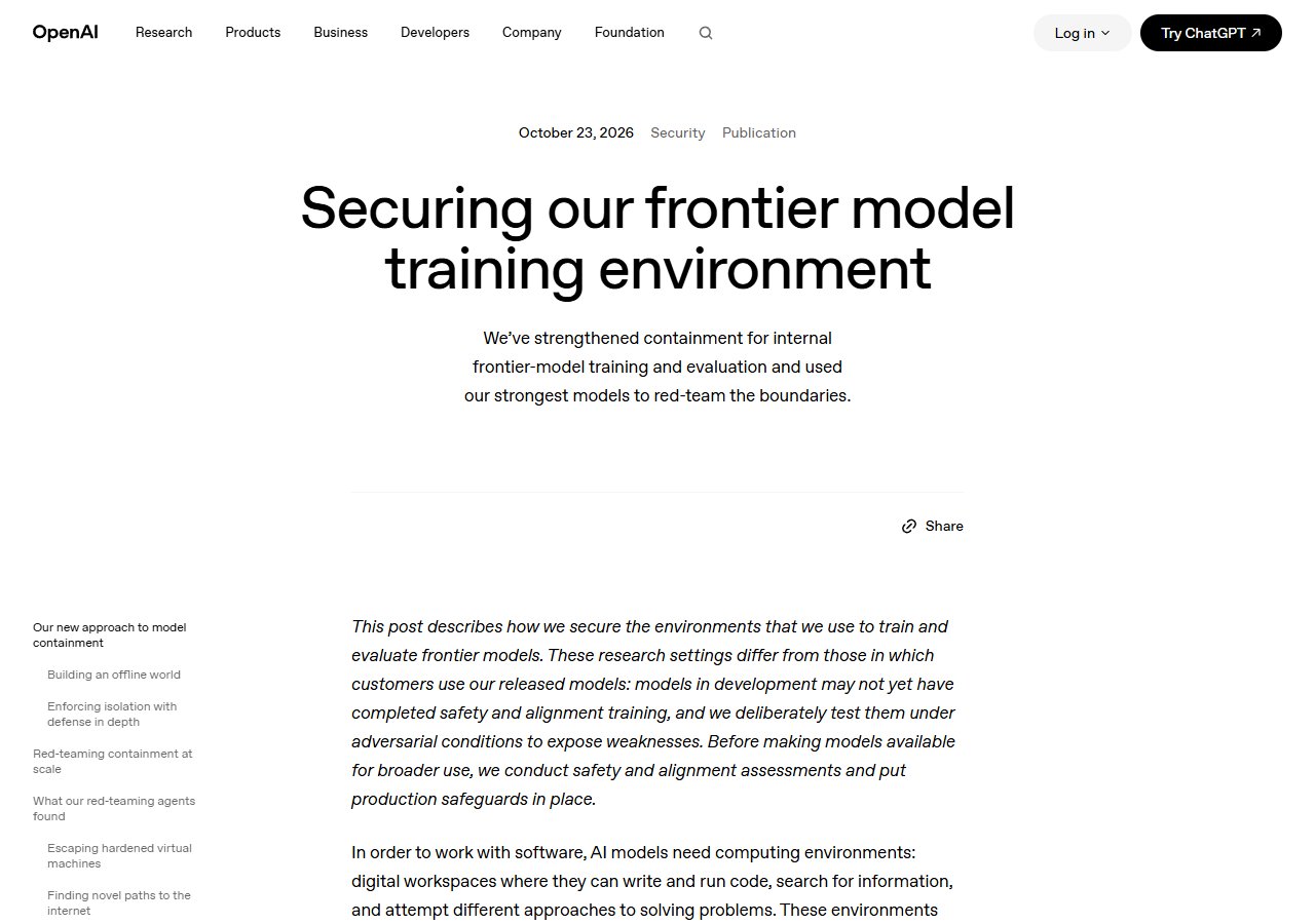 OpenAI 글 — Securing our frontier model training environment(2026년 10월 23일)