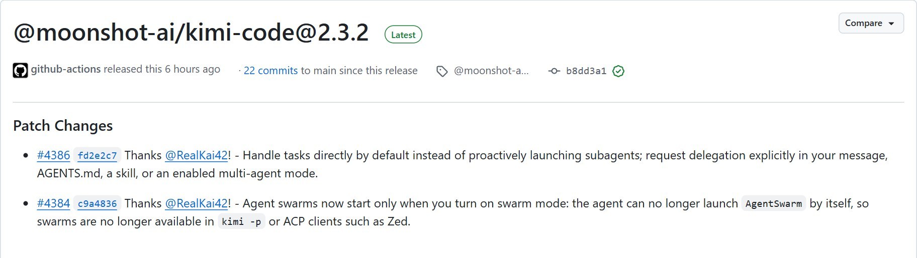 Kimi Code CLI 2.3.2 GitHub 릴리스 노트 — 바뀐 점 두 줄