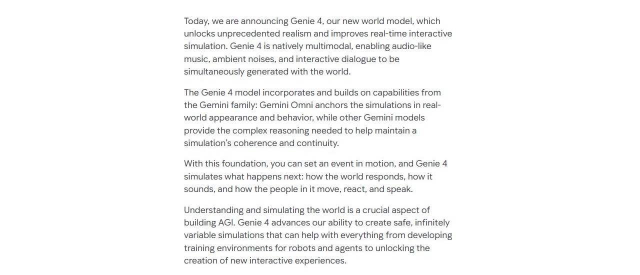 Google DeepMind 블로그 — Genie 4 소개 첫 단락(10월 27일)