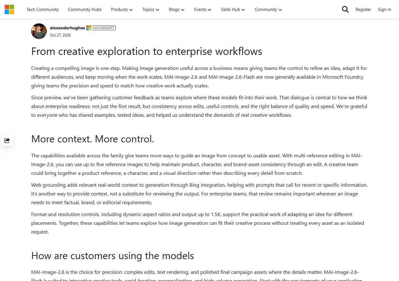 Microsoft Foundry 블로그 — MAI-Image-2.6 · 2.6-Flash 정식 출시와 주요 기능(10월 27일)