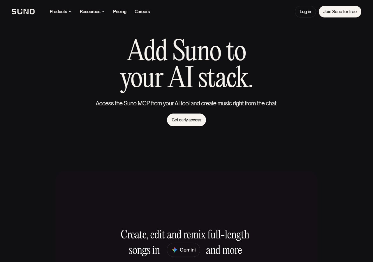 Suno MCP 소개 페이지 — 「Add Suno to your AI stack」 · 얼리 액세스 신청